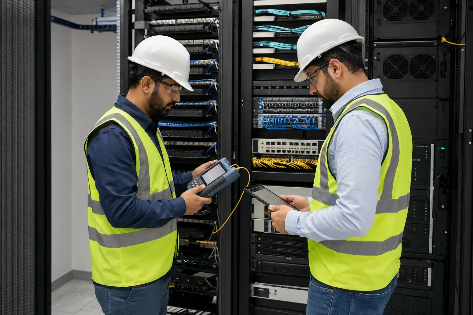 ICT and ELV technicians conducting system inspection and testing